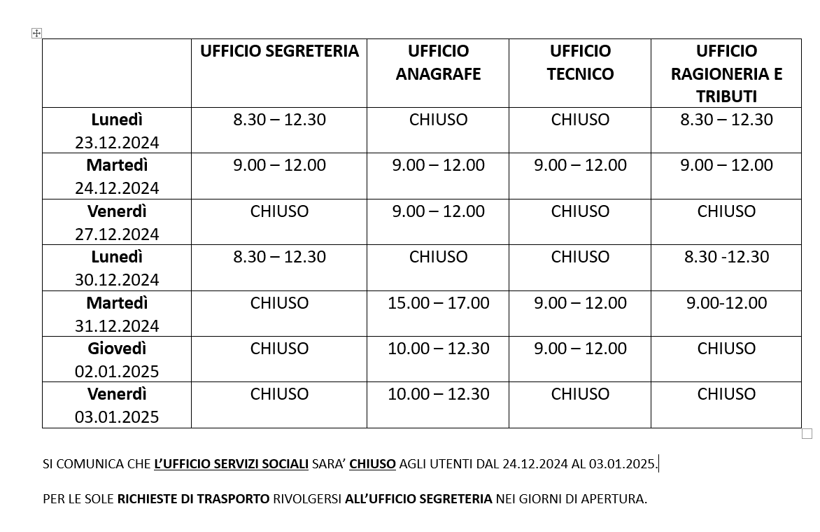 ORARI APERTURA dal 23.12.2024 al 03.01.2025