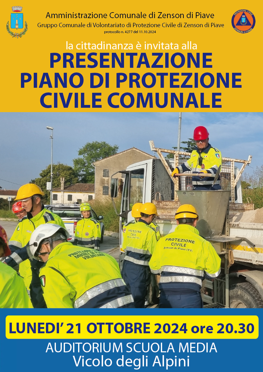 Incontro pubblico di presentazione Piano Protezione Civile Comunale - Lunedì 21 Ottobre 2024 ore 20.30 Auditorium Scuola Media